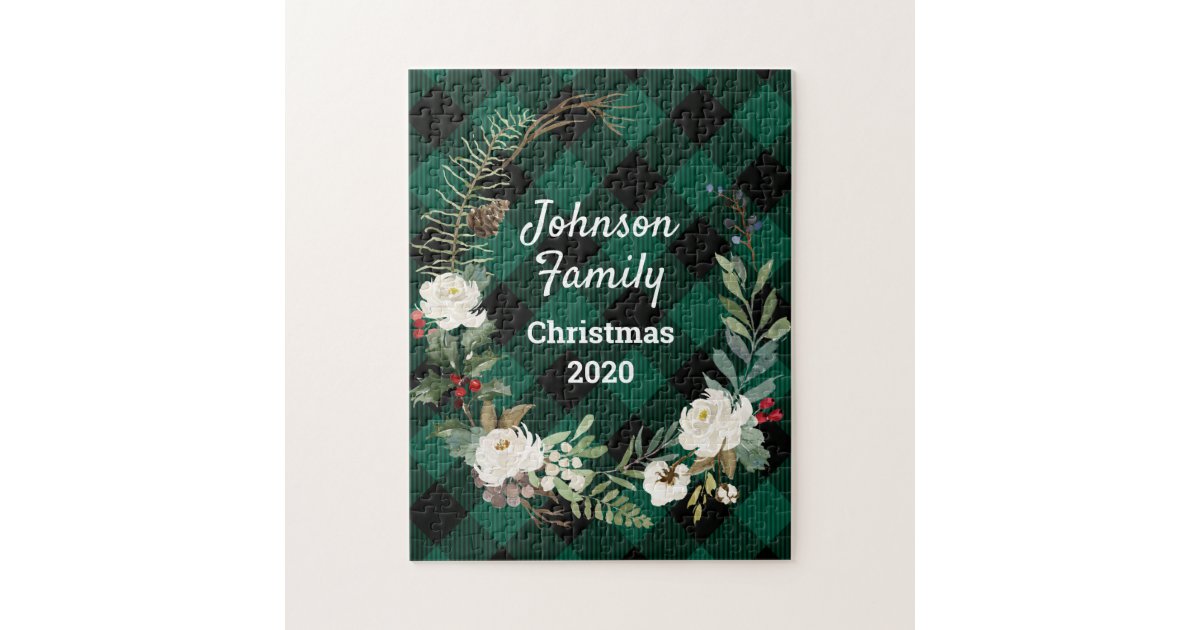 Green Buffalo Plaid Rose Floral Family Christmas Jigsaw Puzzle Zazzle Com