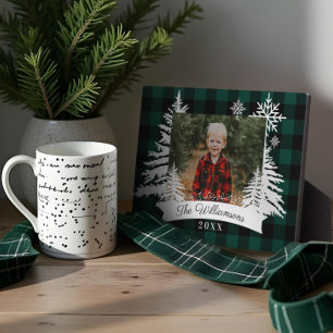 Green Buffalo Plaid Rustic Pine Tree Family Photo Plaque