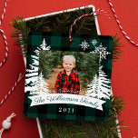 Green Buffalo Plaid Rustic Pine Trees Family Photo Metal Ornament<br><div class="desc">Rustic farm fresh Christmas trees family photo keepsake metal ornament. The ornament can be customized with the family name,  the year,  and the photo. Green checkerboard plaid background with rustic pine trees and snowflakes. The family name is displayed in a white banner. Artwork by Moodthology Papery.</div>