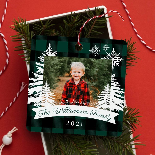 Green Buffalo Plaid Rustic Pine Trees Family Photo Metal Ornament (Green Buffalo Plaid Rustic Pine Trees Family Photo Metal Ornament)