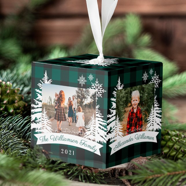 Green Buffalo Plaid Rustic PineTrees Family Photos Cube Ornament (Green Buffalo Plaid Rustic PineTrees Family Photos Cube Ornament)