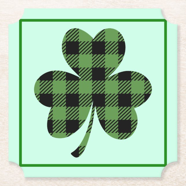 Green Buffalo Plaid Shamrock Clover Design-61104 Paper Coaster (Front)