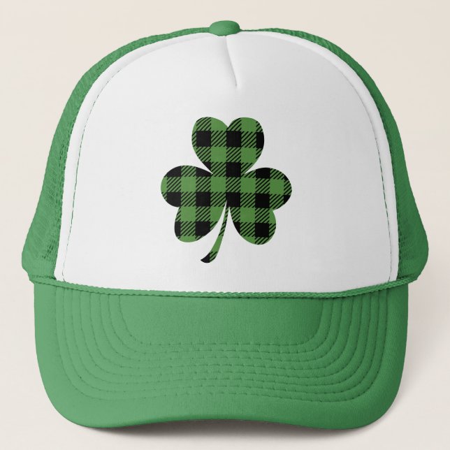 Green Buffalo Plaid Shamrock Clover Design-61104 Trucker Hat (Front)