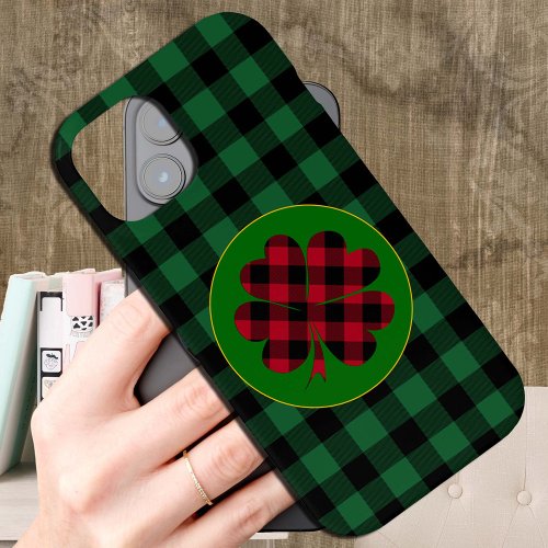 Green buffalo plaid Shamrock Lucky Clover Charm iPhone 15 Case