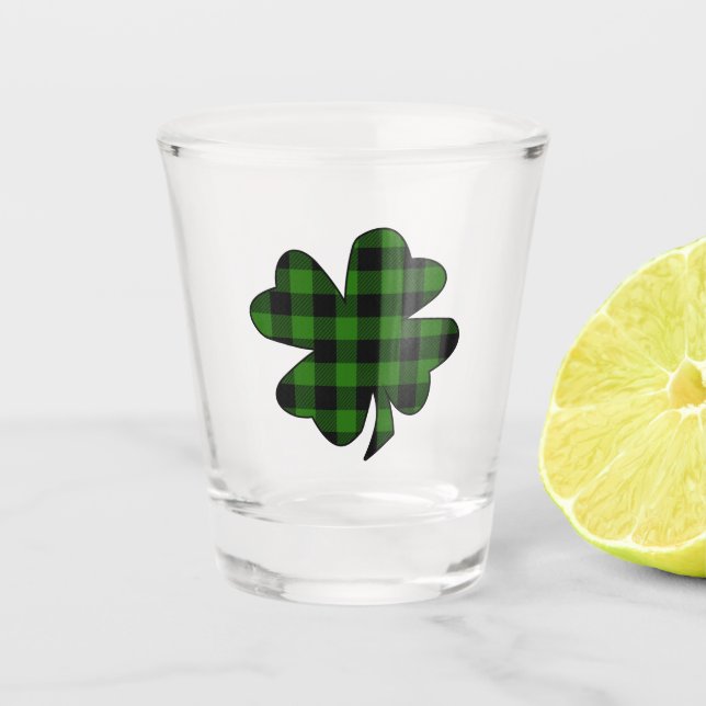 Green Buffalo Plaid Shamrock Shot Glass (Front)