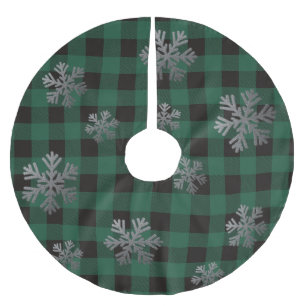 Green Buffalo Plaid Silver Glitter Snowflakes Brushed Polyester Tree Skirt