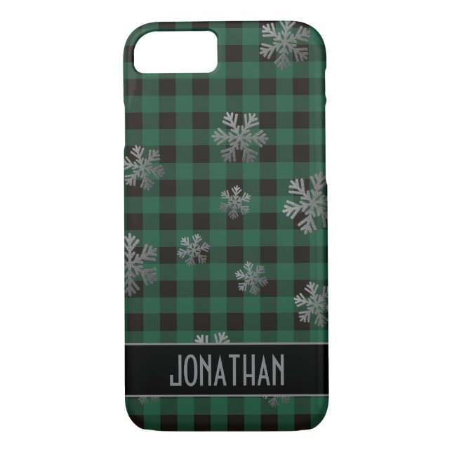 Green Buffalo Plaid Silver Glitter Snowflakes Case-Mate iPhone Case (Back)