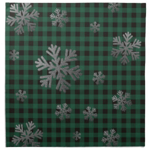 Green Buffalo Plaid Silver Glitter Snowflakes Cloth Napkin