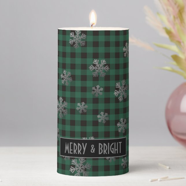 Green Buffalo Plaid Silver Glitter Snowflakes Pillar Candle (In Situ)