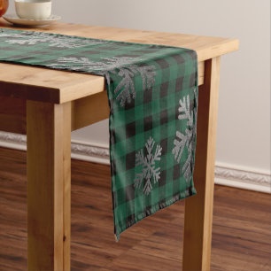 Green Buffalo Plaid Silver Glitter Snowflakes Short Table Runner