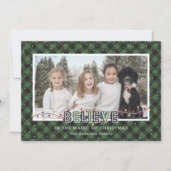 Green Buffalo Plaid Snow Believe Photo Christmas Card