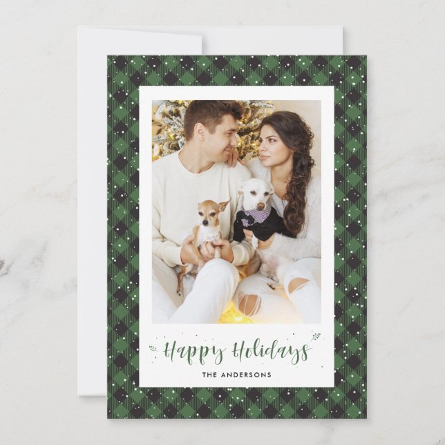 Green Buffalo Plaid Snow Photo Holiday Cards (Front)