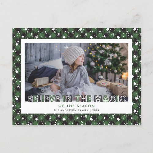 Green Buffalo Plaid Snow Stars Believe Photo Holiday Postcard