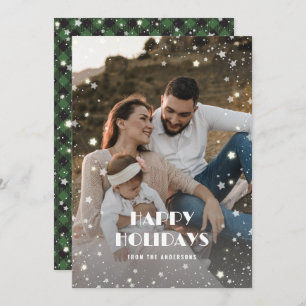 Green Buffalo Plaid Snow Stars Photo Holiday Card