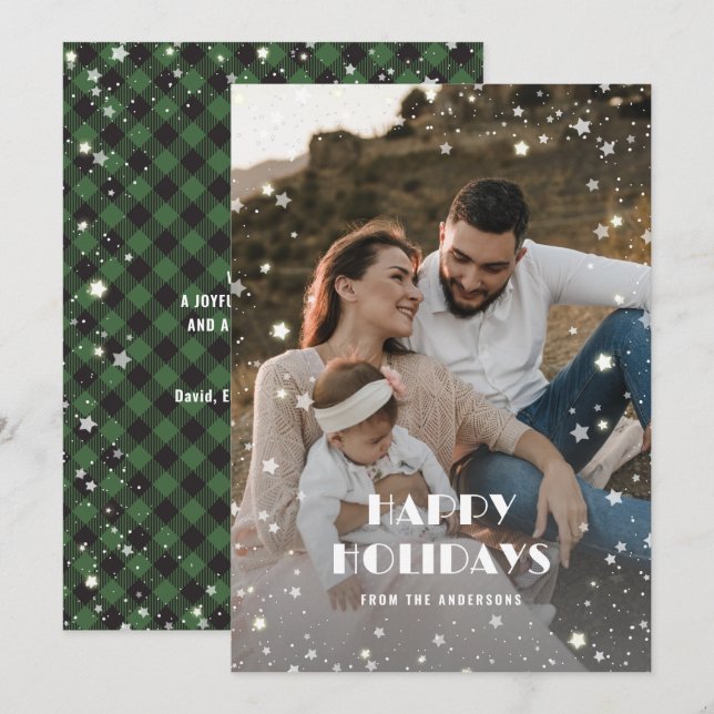 Green Buffalo Plaid Snow Stars Photo Holiday Card (Front/Back)