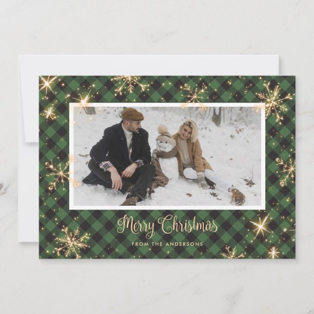 Green Buffalo Plaid Sparkly Photo Christmas Cards (Front)