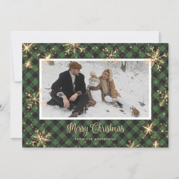 Green Buffalo Plaid Sparkly Photo Christmas Card