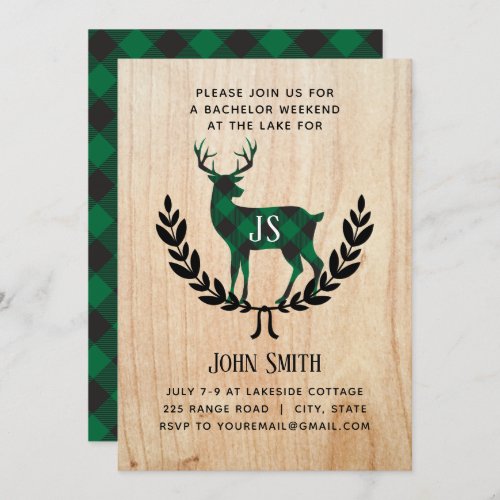 Green Buffalo Plaid Stag Monogram Bachelor Party Invitation