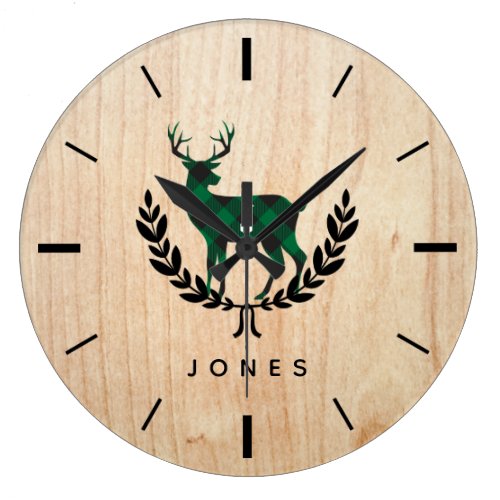 Green Buffalo Plaid Stag Monogram Large Clock