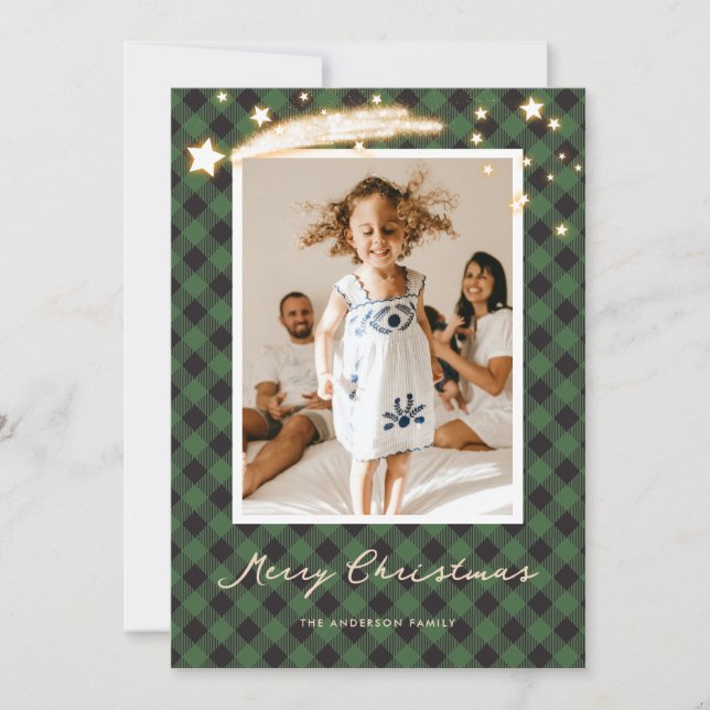 Green Buffalo Plaid Stars Photo Christmas Cards (Front)