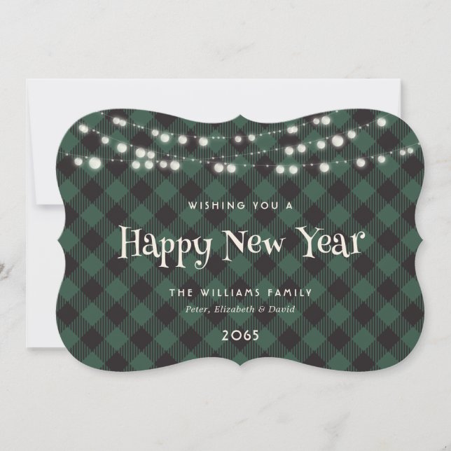 Green Buffalo Plaid String Lights New Year Card (Front)