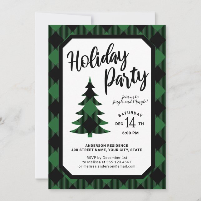 Green Buffalo Plaid Tree Holiday Party Invitation (Front)