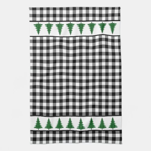 Green Buffalo Plaid Tree on Black and White Checks Kitchen Towel