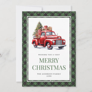 Green Buffalo Plaid Watercolor Red Truck Christmas Holiday Card