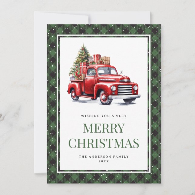 Green Buffalo Plaid Watercolor Red Truck Christmas Holiday Card (Front)