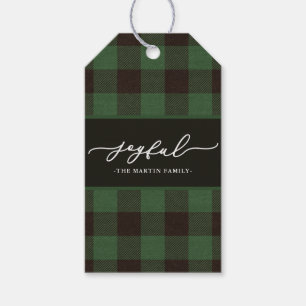 Green Buffalo Plaid with Joyful Script Christmas Gift Tags