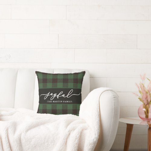 Green Buffalo Plaid with Joyful Script Christmas Throw Pillow