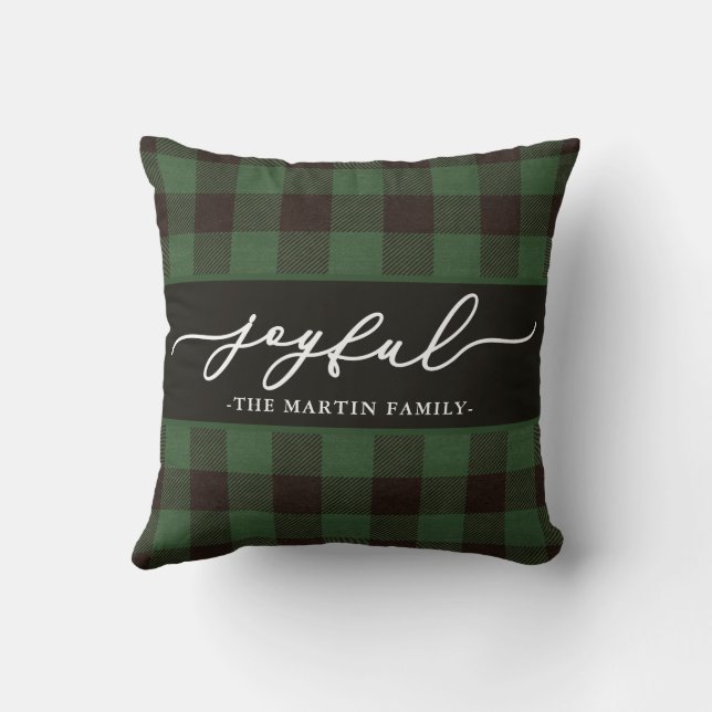 Green Buffalo Plaid with Joyful Script Christmas Throw Pillow (Back)