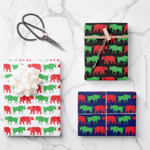 Green Bull & Red Bear, DIY Color BG, Black Wht Blu Wrapping Paper Sheets