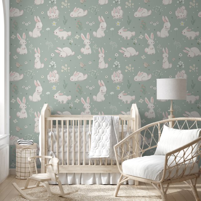Green Bunny Rabbits Wall Covering  Wallpaper (Kids)
