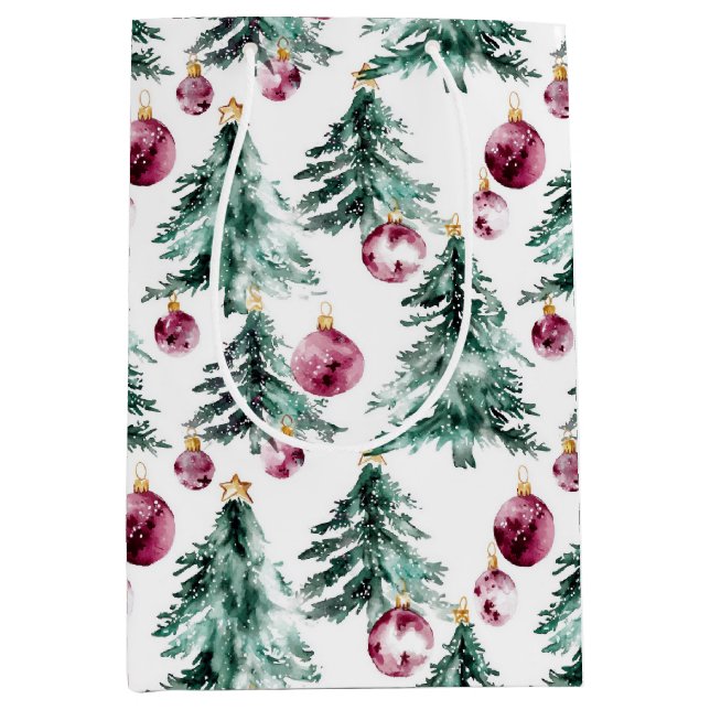 Green Burgundy Christmas Trees Ornaments Medium Gift Bag (Front)