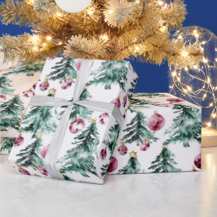 Green Burgundy Christmas Trees Ornaments Wrapping Paper
