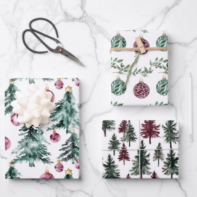 Green Burgundy Christmas Trees Ornaments Wrapping Paper Sheets (Front)