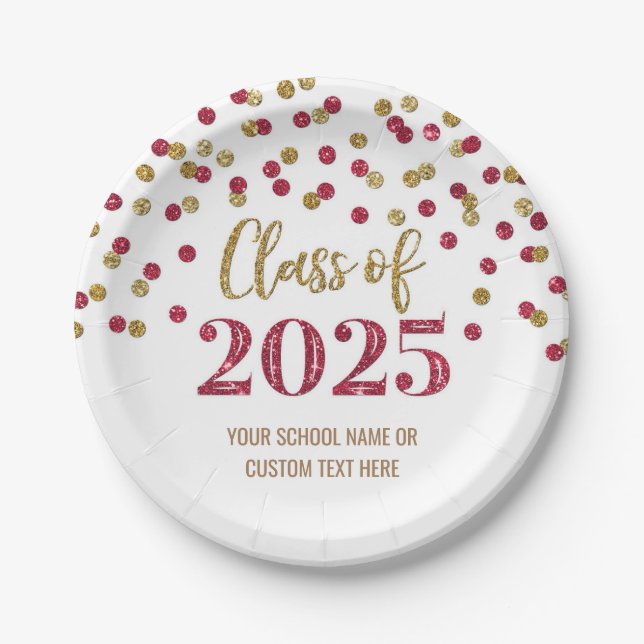 Green Burgundy Confetti Graduation 2025 Paper Plates (Front)