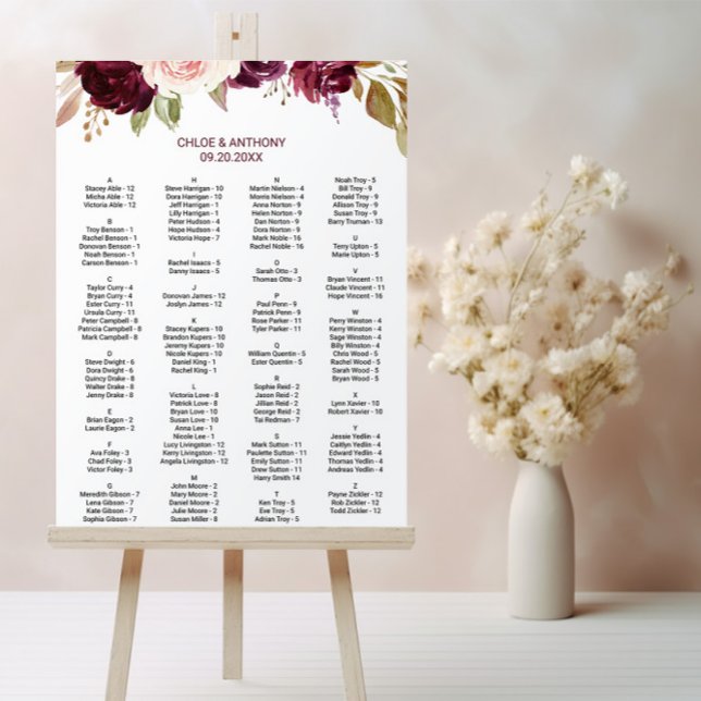 Green Burgundy Floral Alphabetical Seating Chart (Creator Uploaded)