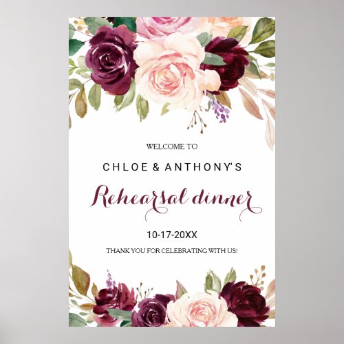 Green Burgundy Floral Rehearsal dinner Welcome Poster