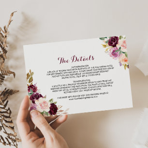 Green Burgundy Floral Wedding Details Insert Card