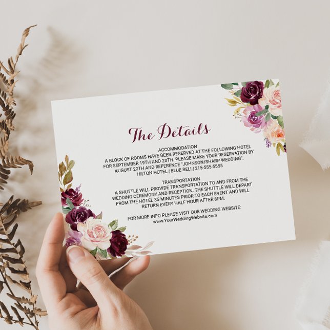 Green Burgundy Floral Wedding Details Insert Card (Creator Uploaded)