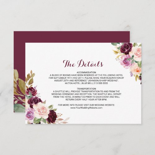 Green Burgundy Floral Wedding Details Insert Card