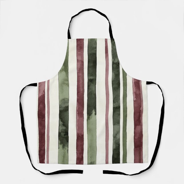 Green Burgundy Stripes Christmas Apron (Front)