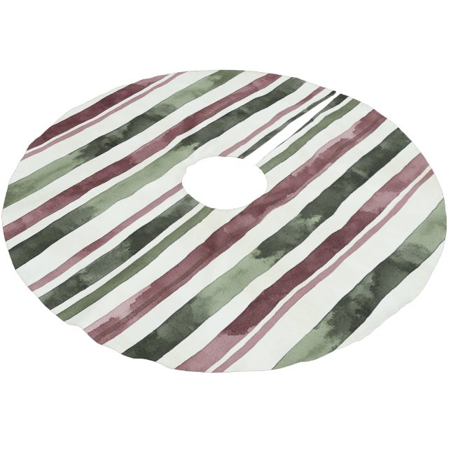 Green Burgundy Stripes Christmas Brushed Polyester Tree Skirt (Angled)