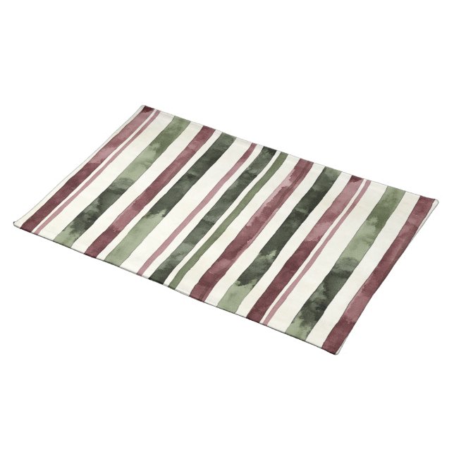 Green Burgundy Stripes Christmas Cloth Placemat (On Table)