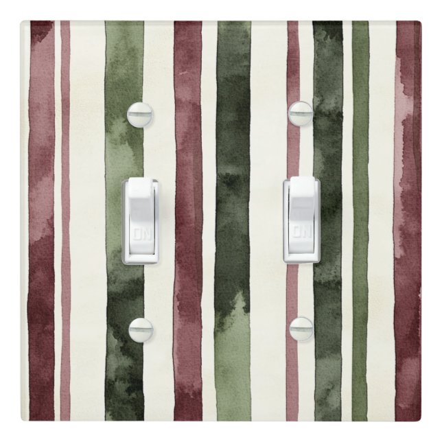 Green Burgundy Stripes Christmas Light Switch Cover (In Situ)