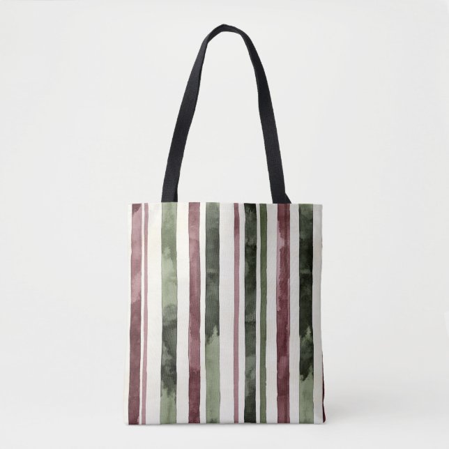 Green Burgundy Stripes Christmas Tote Bag (Front)