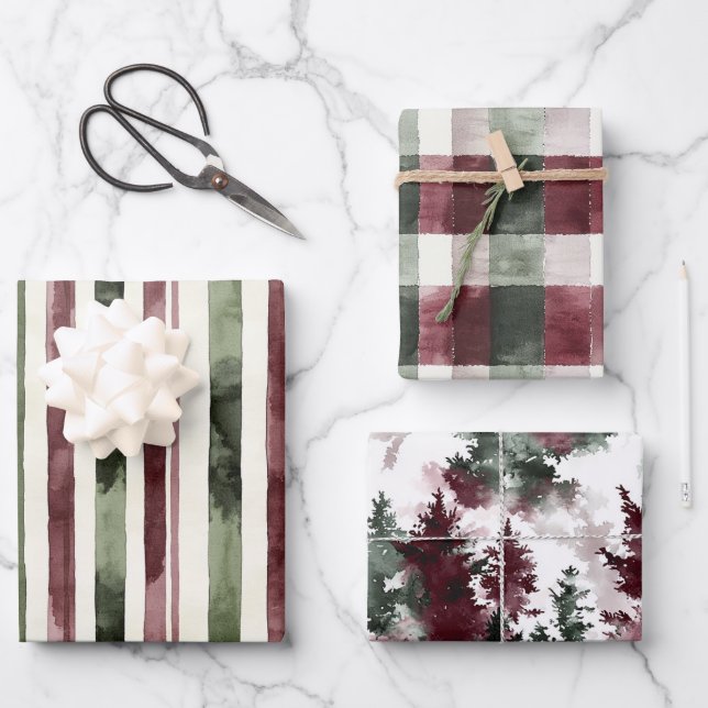 Green Burgundy Stripes Christmas Wrapping Paper Sheets (Front)