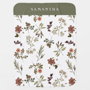 Green Burgundy Wildflower Monogram Name Baby Blanket